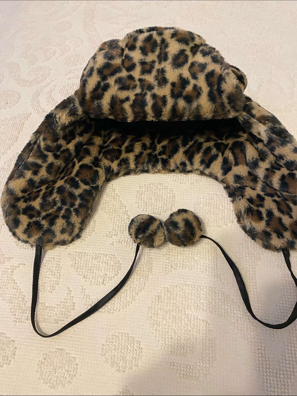 Jaclyn Smith Leopard-Print Faux Fur Trapper Hat with Pom Poms